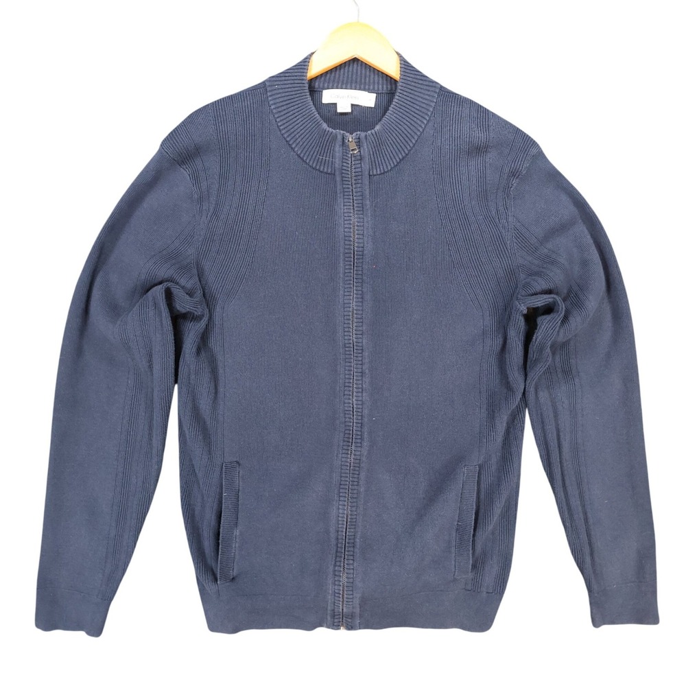 Calvin Klein Full Zip‎ Cardigan Mens M Navy Blue Cotton Ribbed Mock Neck Sweater